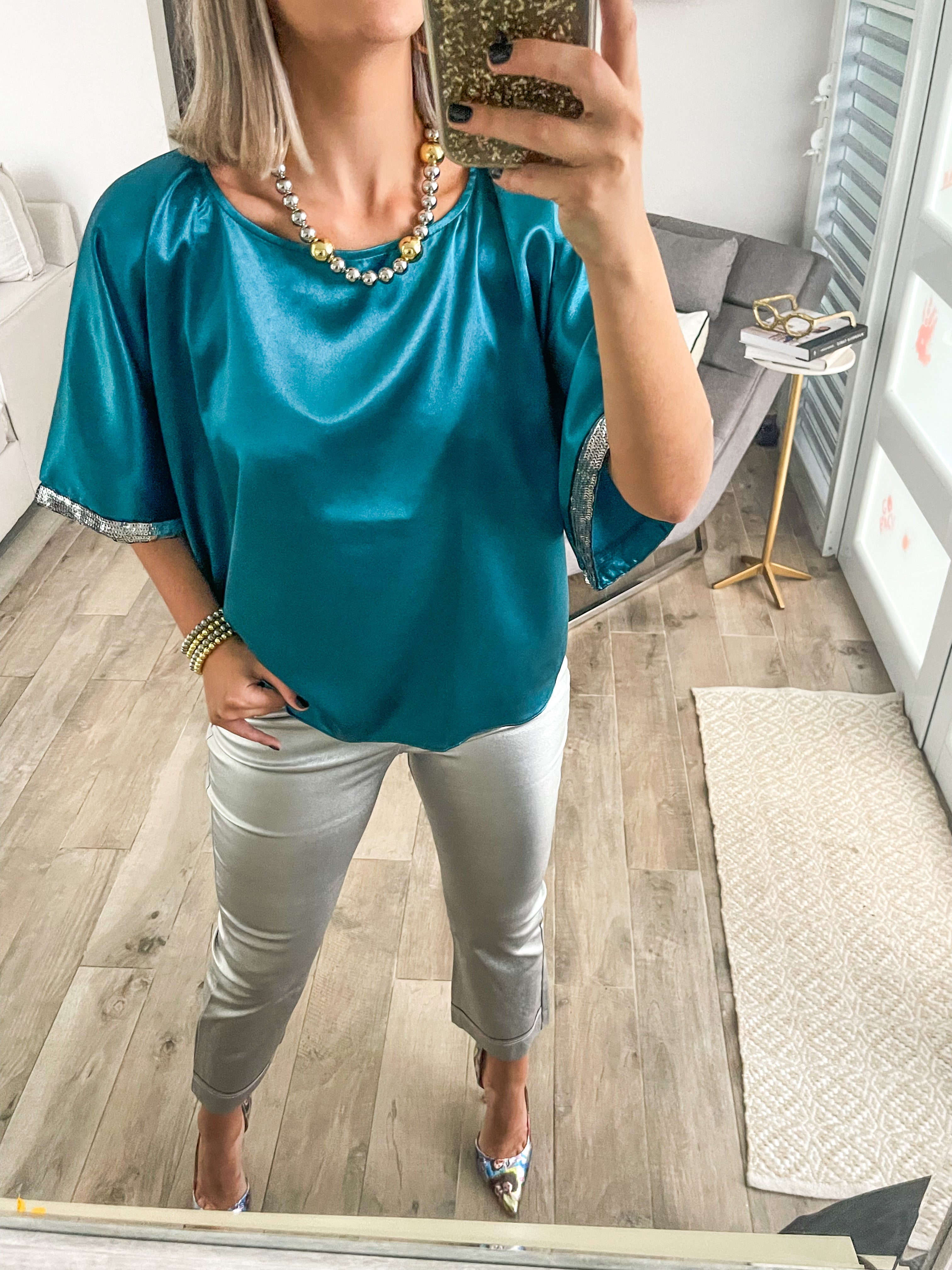 TEAL SEQUIN DETAIL TUNIC BLOUSE