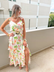 IVORY FLORAL PRINT RUFFLE MAXI SKIRT