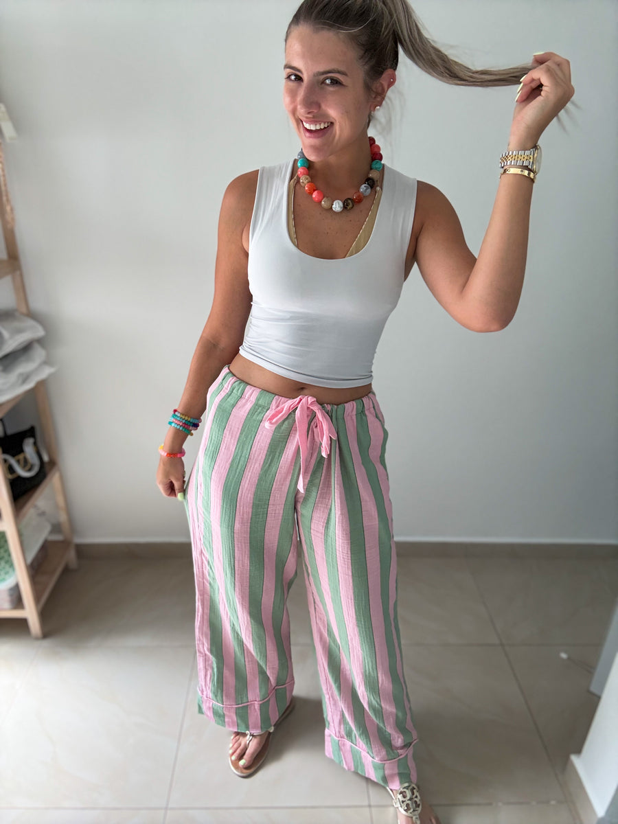 PINK/GREEN STRIPED GAUZE PANTS
