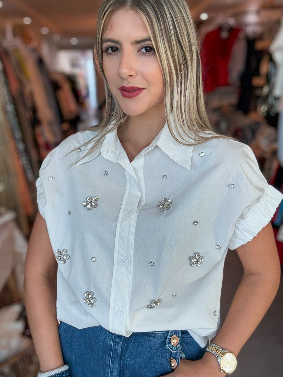 WHITE CRYSTALS BUTTONED BLOUSE