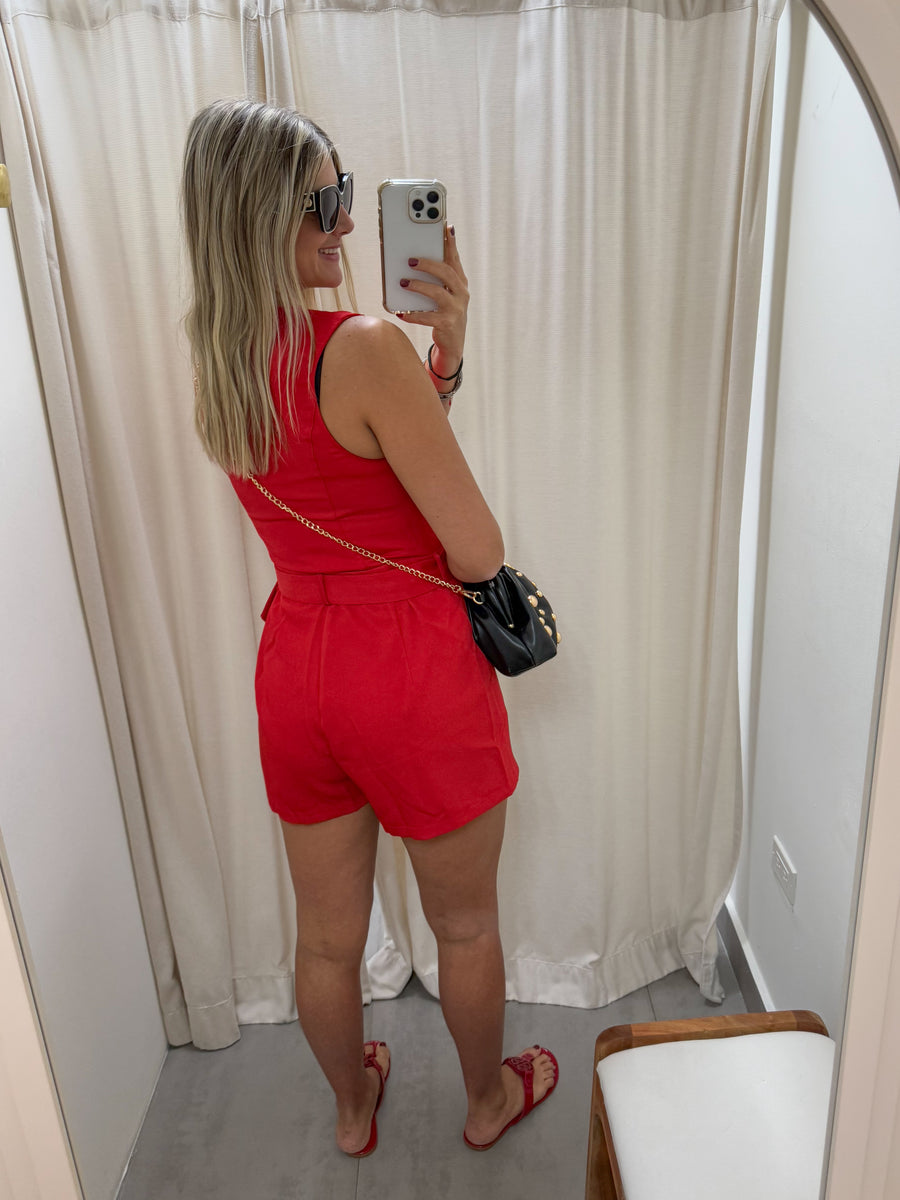 RED SLEEVELESS V-NECK ROMPER
