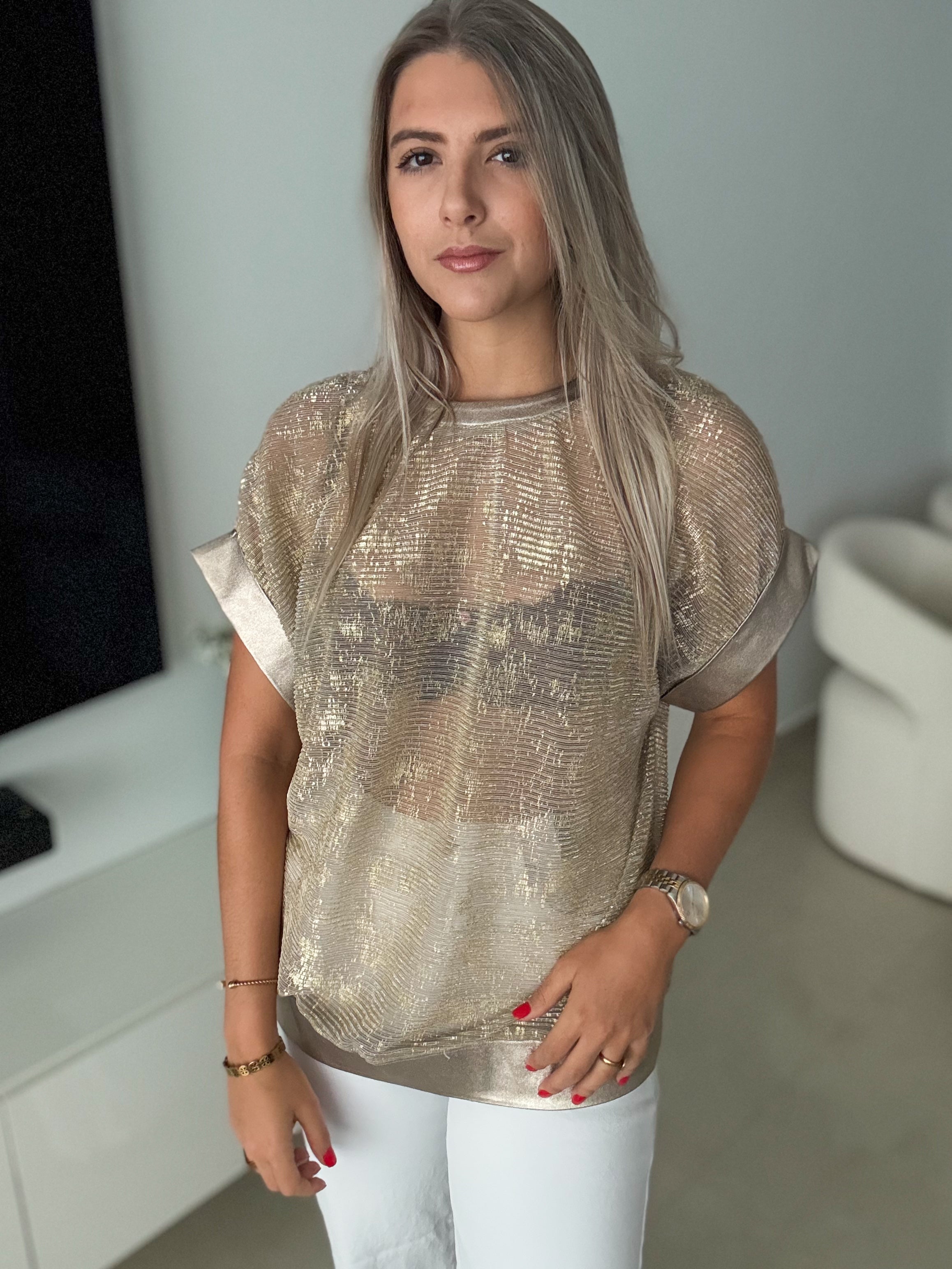 TAUPE/GOLD STRETCHY BLOUSE