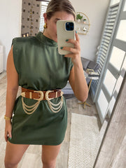 OLIVE MOCK NECK SATIN DRESS