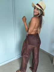 BROWN SUN BEADED SHEER HUGH WAIST PANTS
