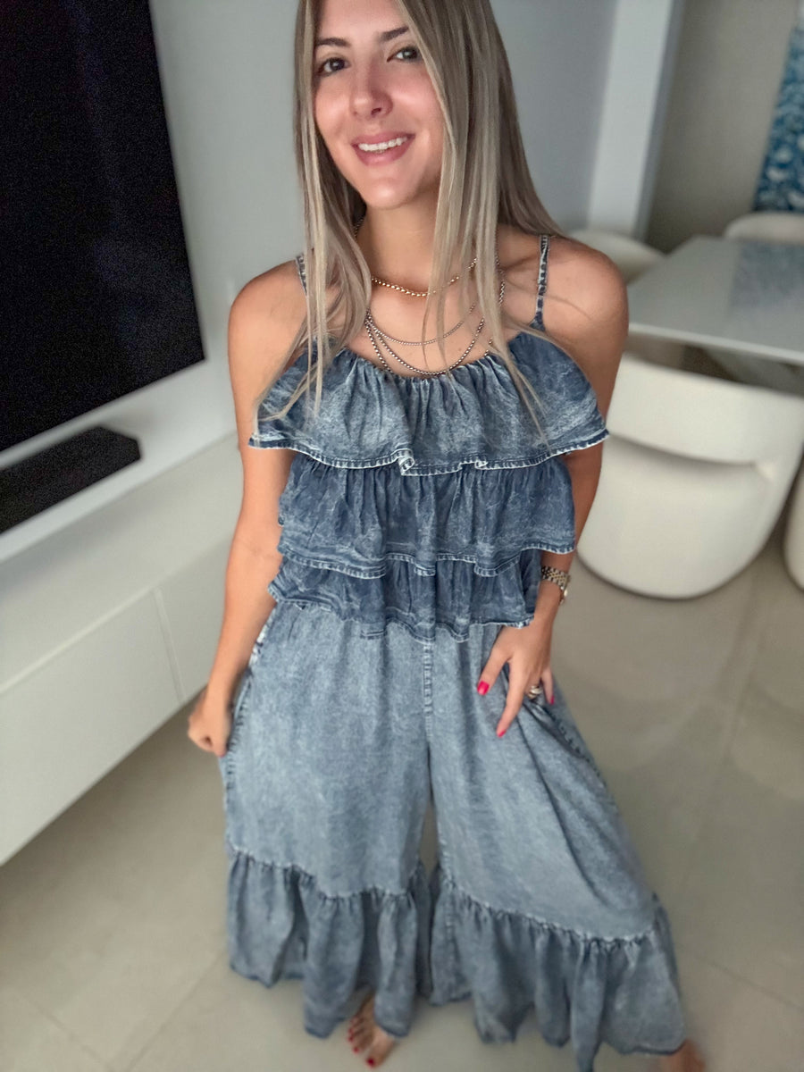 DENIM TENCEL RUFFLE JUMPSUIT