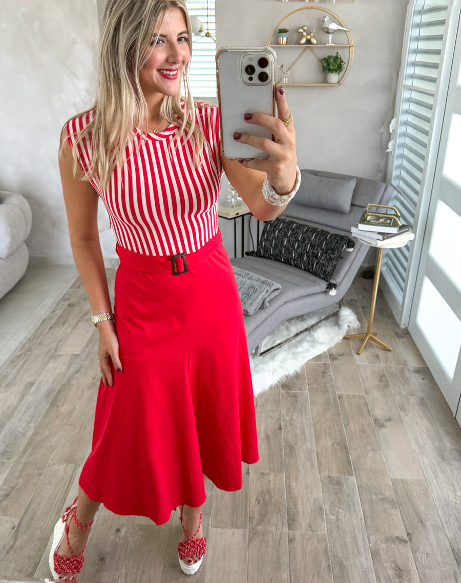 RED STRIPED BELTED DRESS