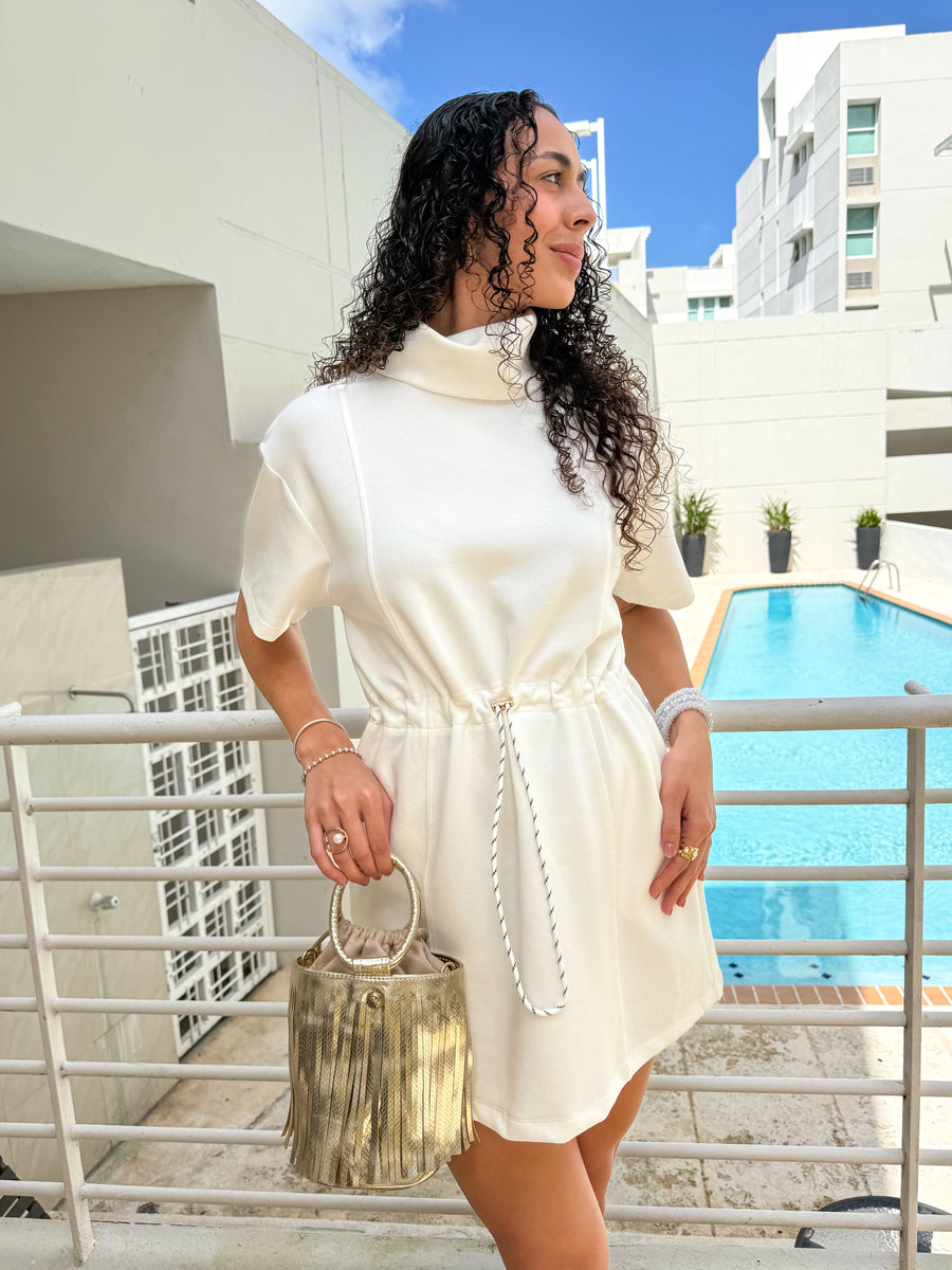WHITE DRAWSTRING SHORT DRESS