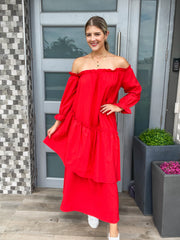 RED OFF SHOULDER ASYMMETRICAL MAXI DRESS