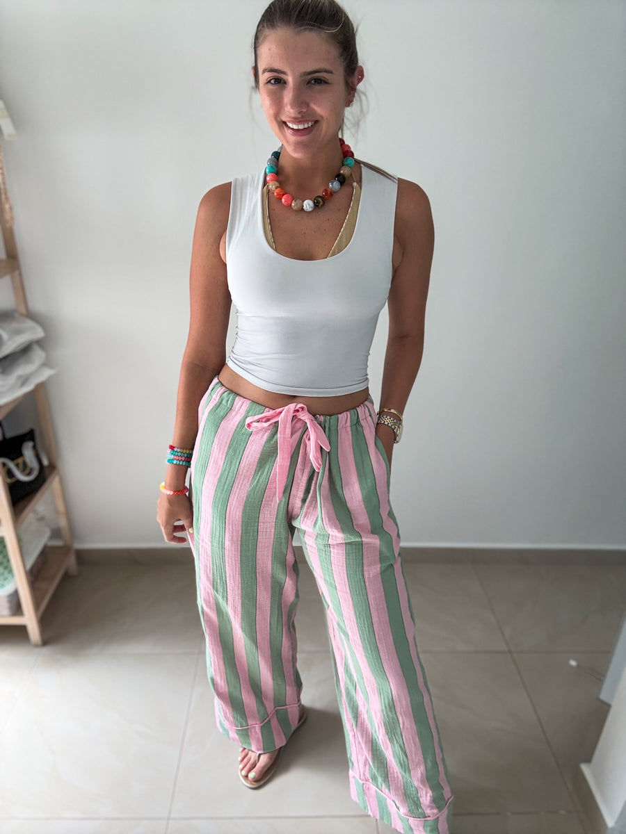PINK/GREEN STRIPED GAUZE PANTS