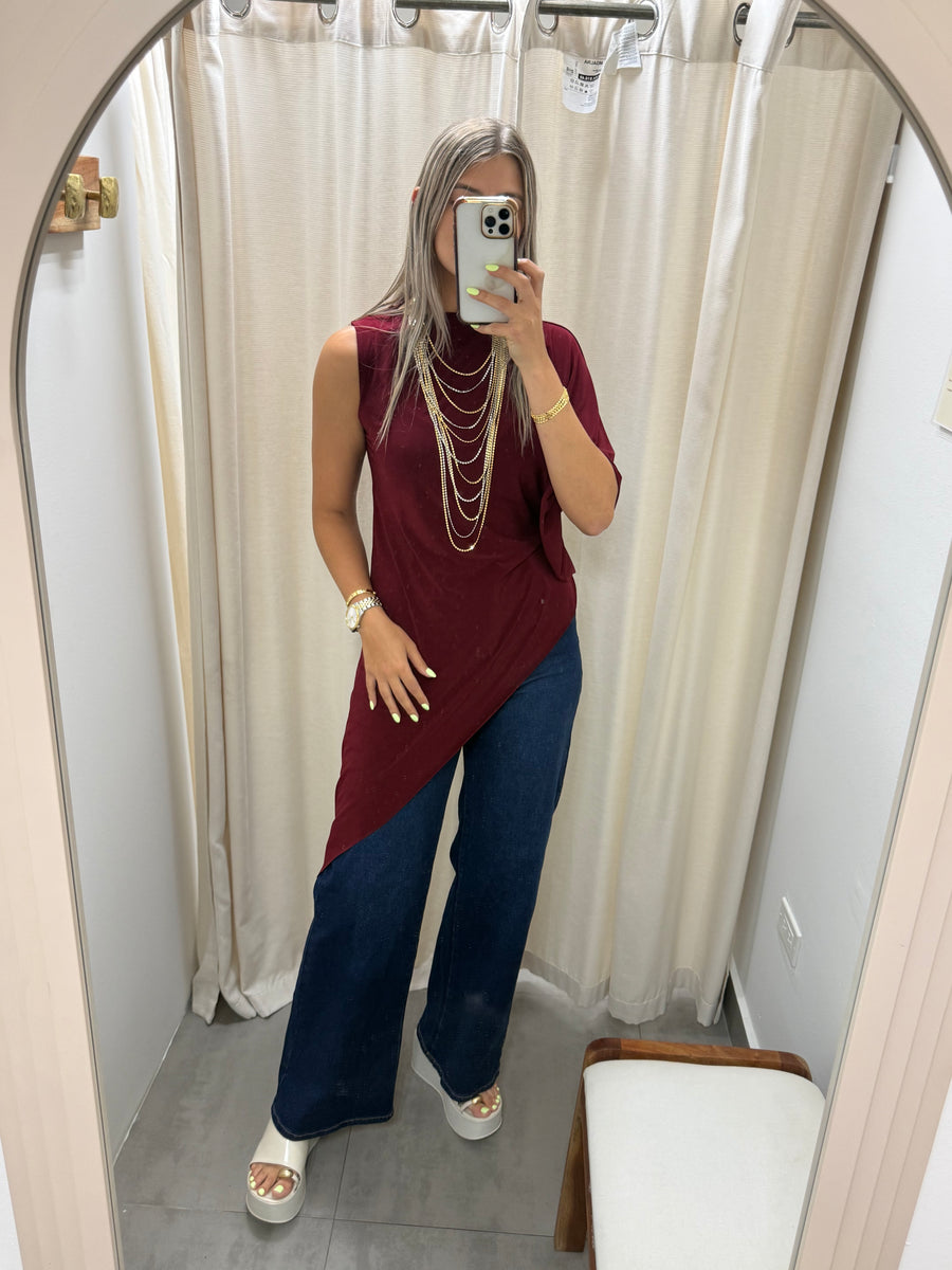 PIA BURGUNDY ASYMMETRIC BLOUSE