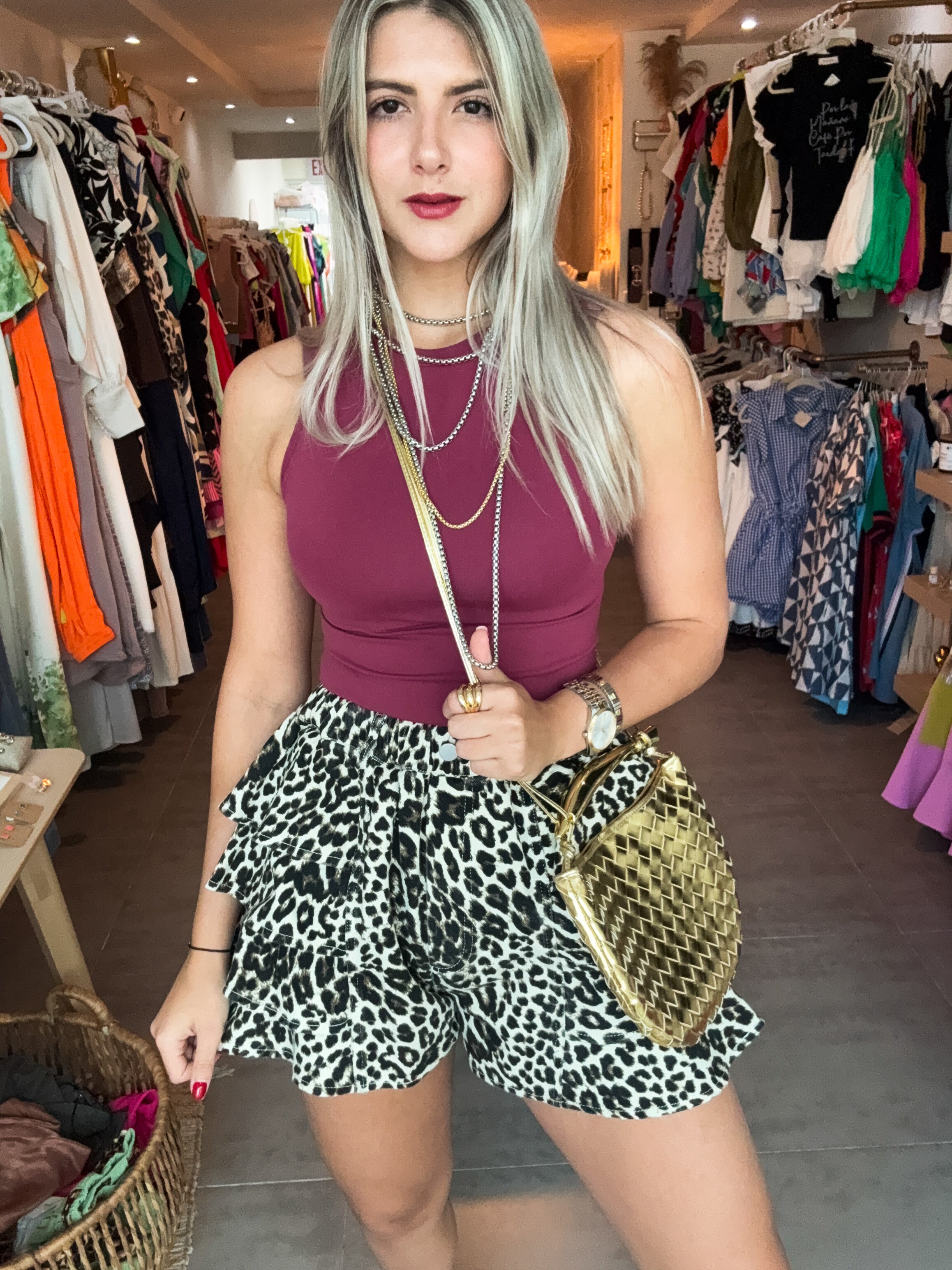 LEOPARD DENIM RUFFLED SHORTS