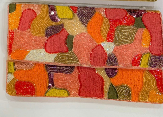 CORAL/ORANGE BEADED CLUTCH BAG