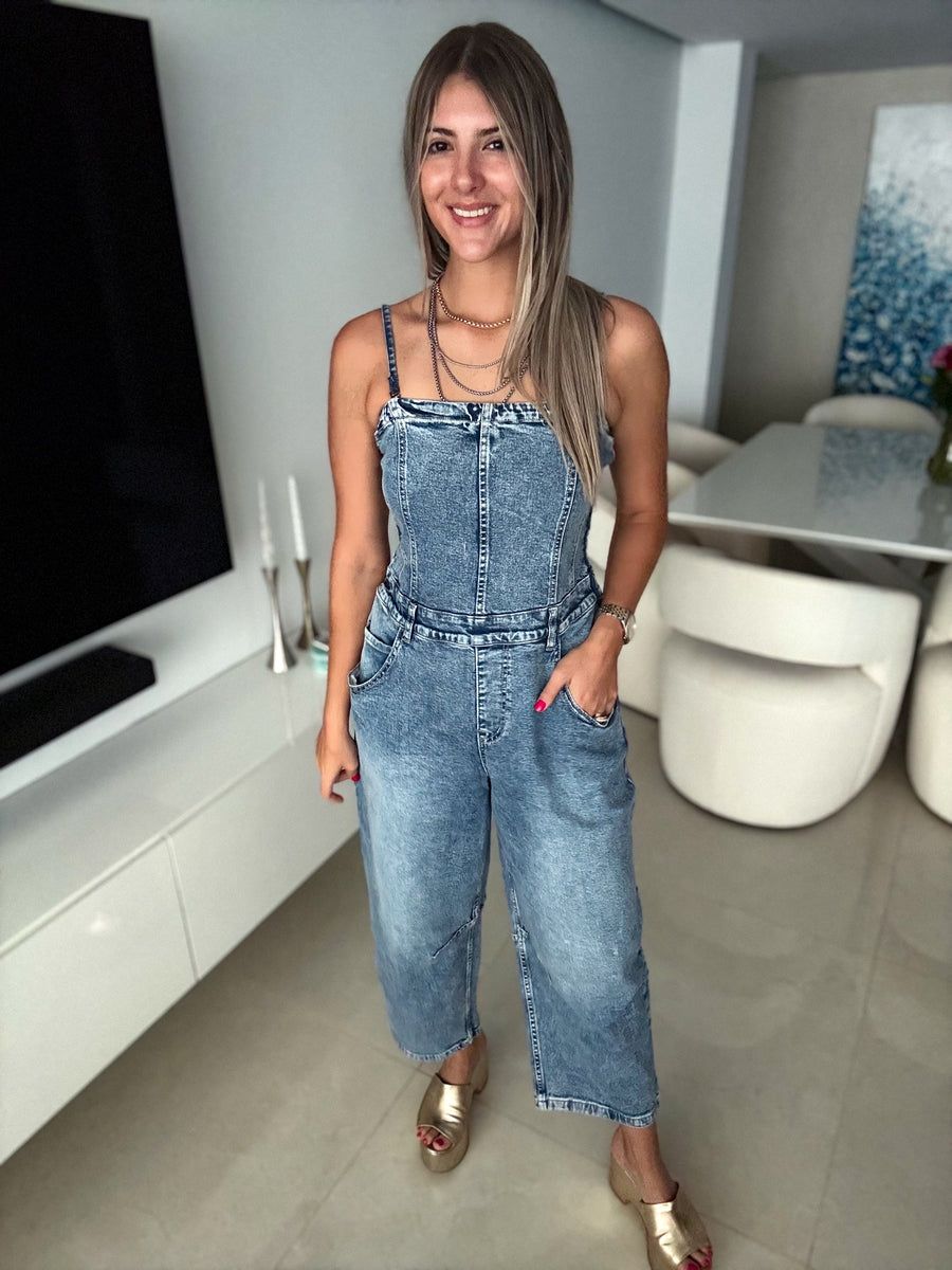 2-IN-1 DENIM STRETCH BARREL JUMPSUIT