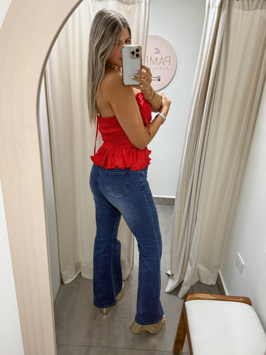 RED SATIN RUFFLED BLOUSE