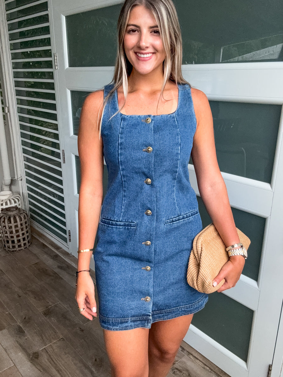 DARK DENIM/GOLD BUTTONED DOWN SHORT DRESS