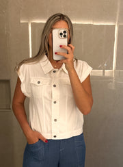 WHITE DENIM CROP SLEEVELESS JACKET
