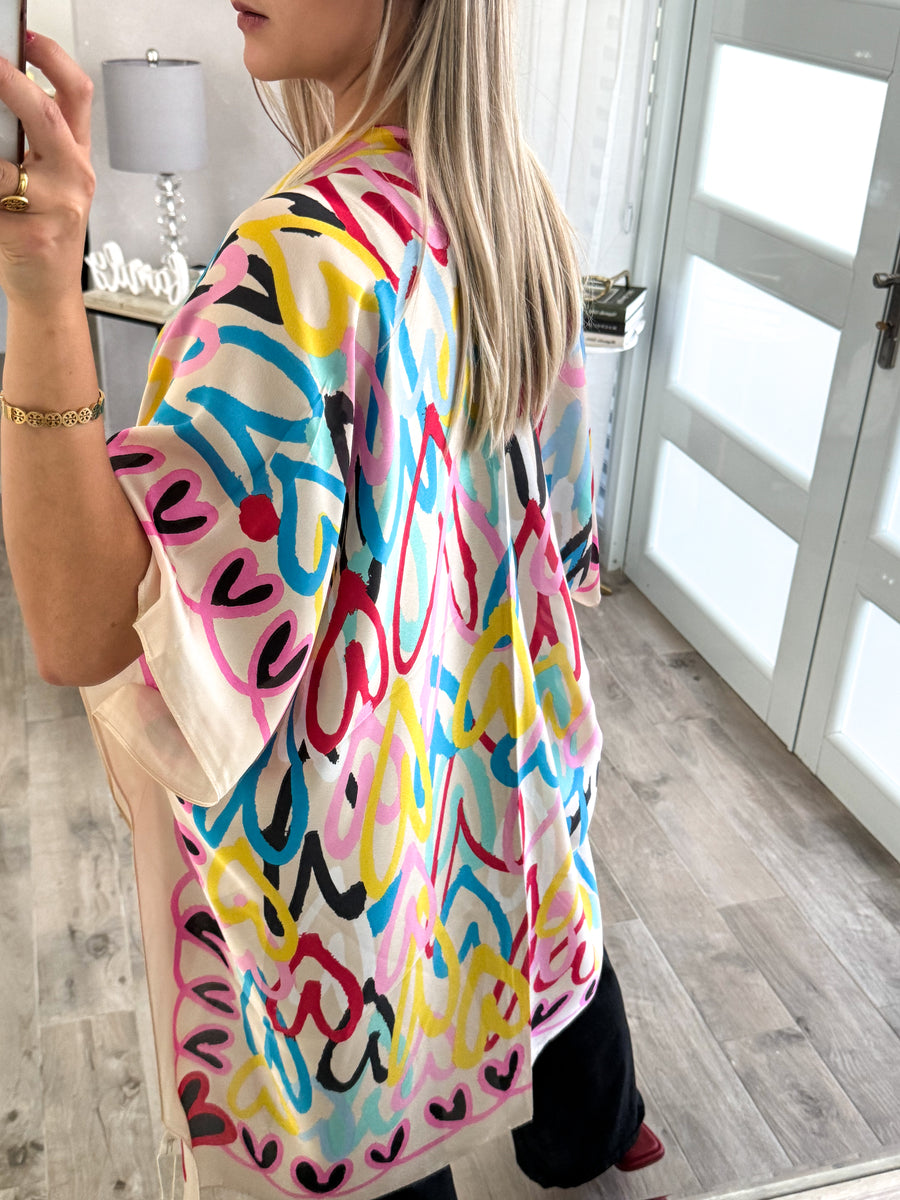 ONE SIZE HEART PRINT SILKY FEEL KIMONO