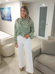 GREEN/WHITE STRIPED PEPLUM BLOUSE
