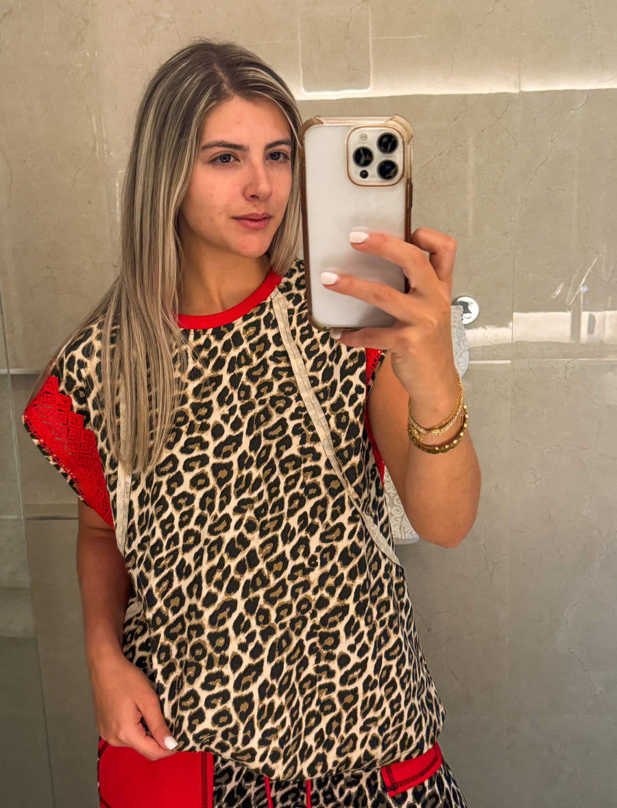 LEOPARD RED LACE DETAIL BLOUSE
