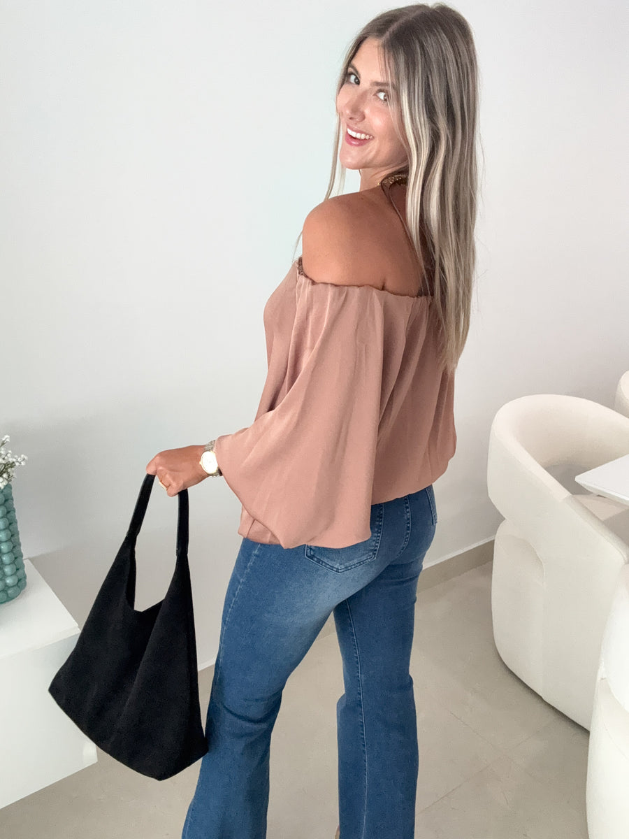 MOCHA SATIN OFF SHOULDER BLOUSE