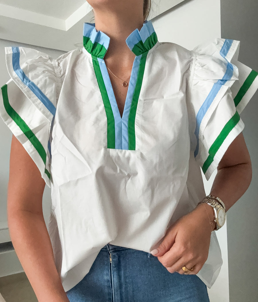 OFF WHITE GREEN/BLUE TRACK LINES RUFFLE BLOUSE
