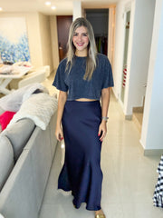NAVY SATIN SKIRT