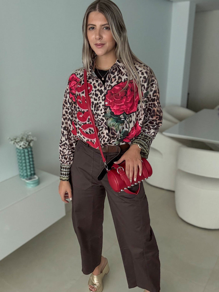 LEOPARD/RED FLOWER LEOPARD TUNIC BLOUSE