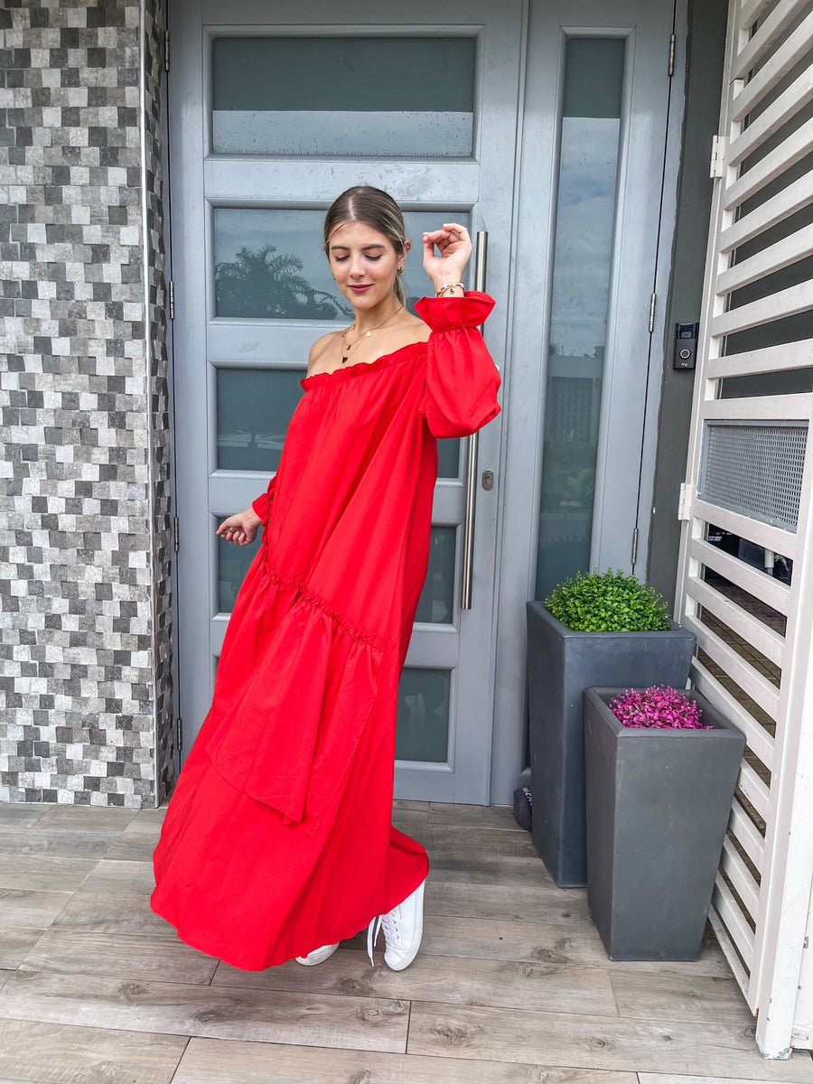 RED OFF SHOULDER ASYMMETRICAL MAXI DRESS