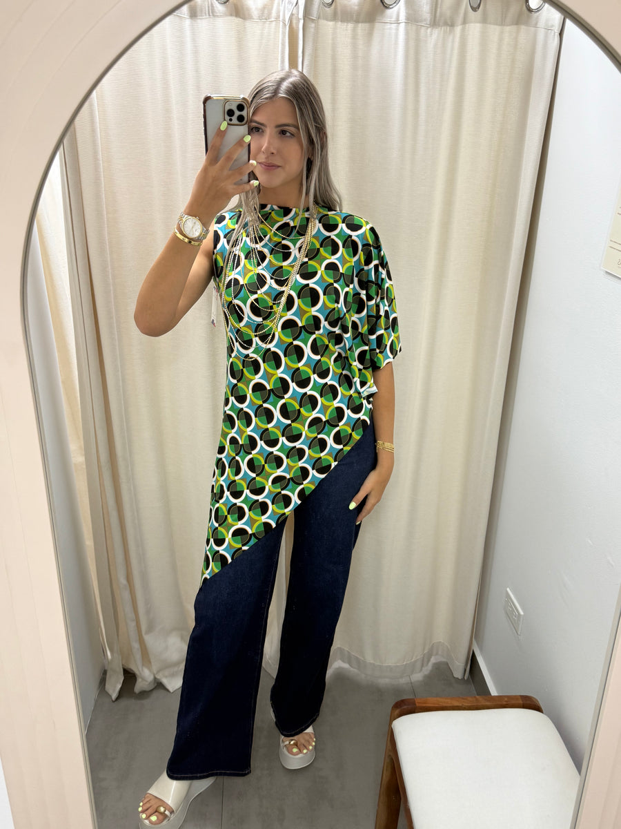 PIA GREEN PRINT ASYMMETRIC BLOUSE