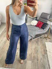 NAVY HIGH WAISTED SATIN LONG PANTS