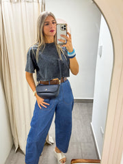 NAVY RHINESTONES CROP TSHIRT