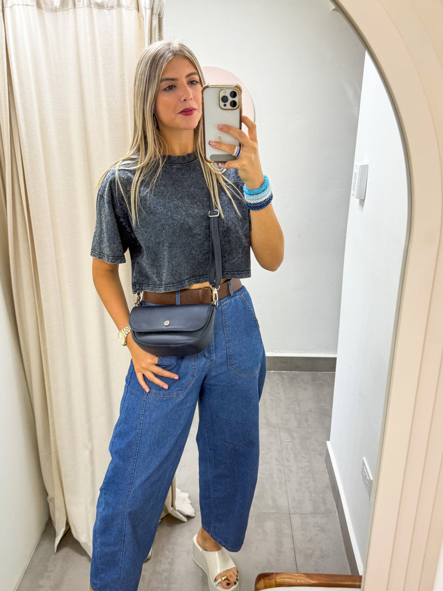 NAVY RHINESTONES CROP TSHIRT