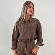 BROWN PINSTRIPED BUTTONED DOWN BLOUSE