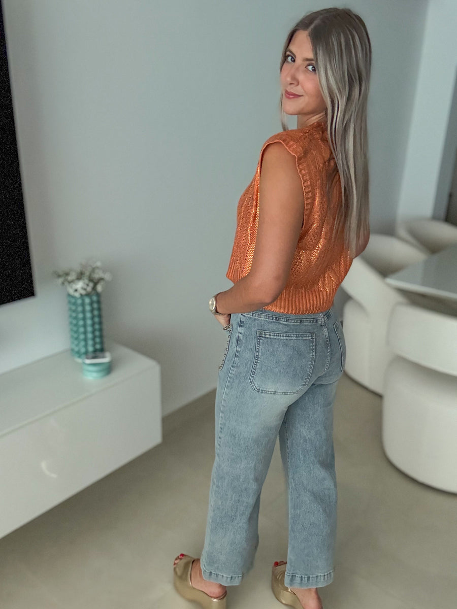 ORANGE METALLIC KNIT SWEATER