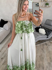 STRAPLESS GREEN/IVORY PRINTED MAXI DRESS