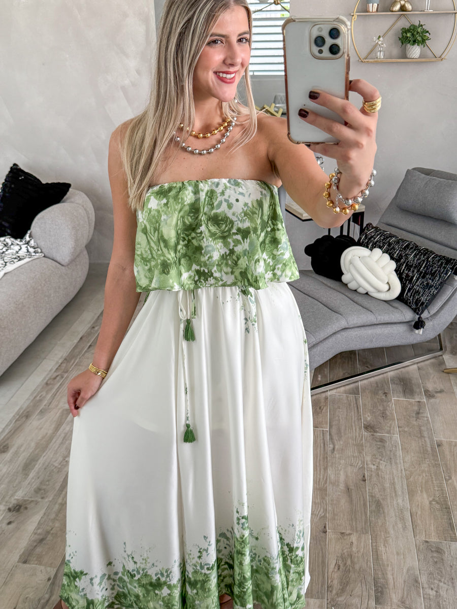 STRAPLESS GREEN/IVORY PRINTED MAXI DRESS