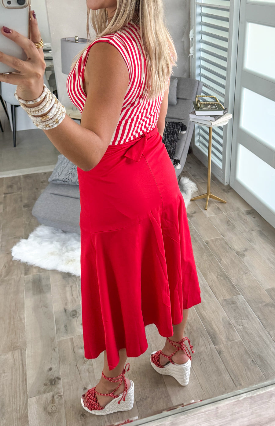 RED STRIPED BELTED DRESS