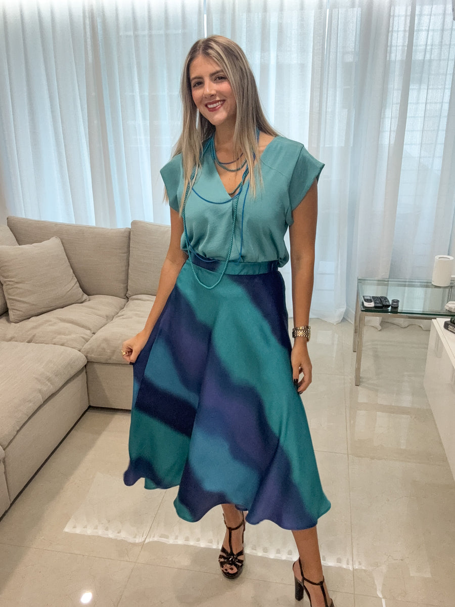 BLUE OMBRE SATIN MIDI SKIRT