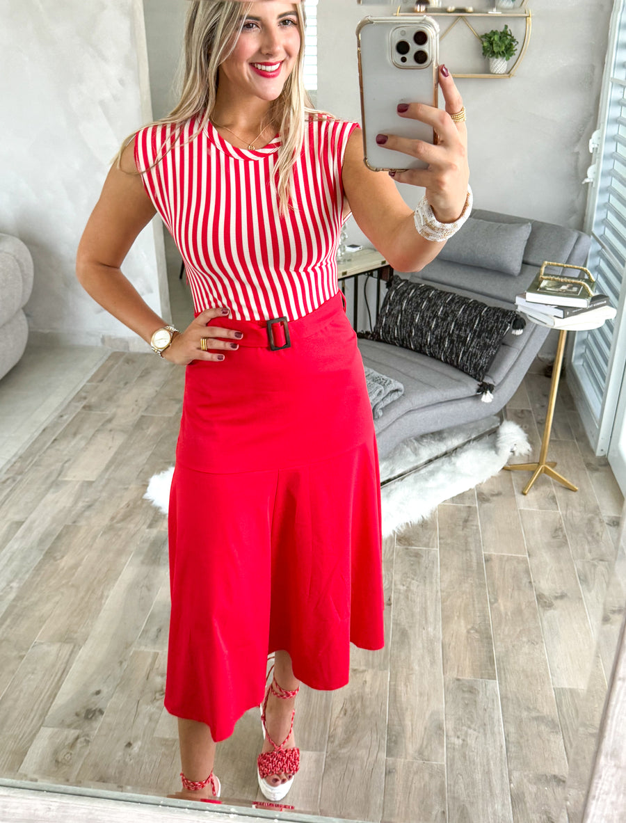 RED STRIPED BELTED DRESS