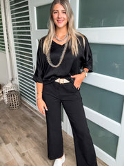 BLACK 3/4 SLEEVES V-NECK SILKY BLOUSE