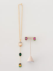 LONG GEM SQUARE NECKLACE SET IN GREEN/IRRIDESCENT