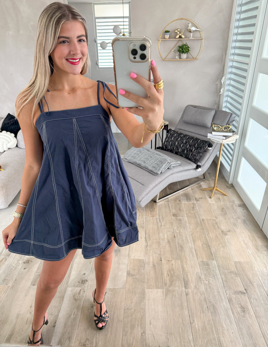 NAVY STITCH SHORT DRESS
