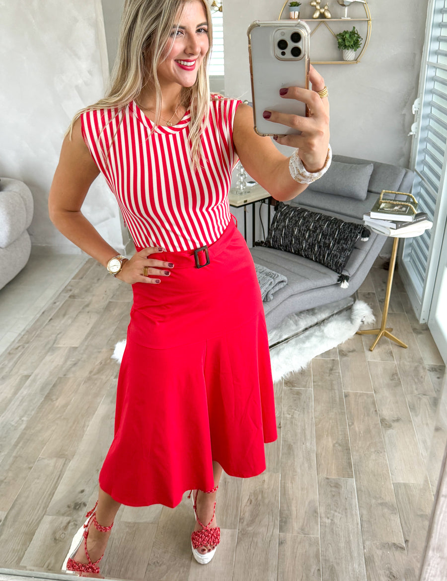 RED STRIPED BELTED DRESS