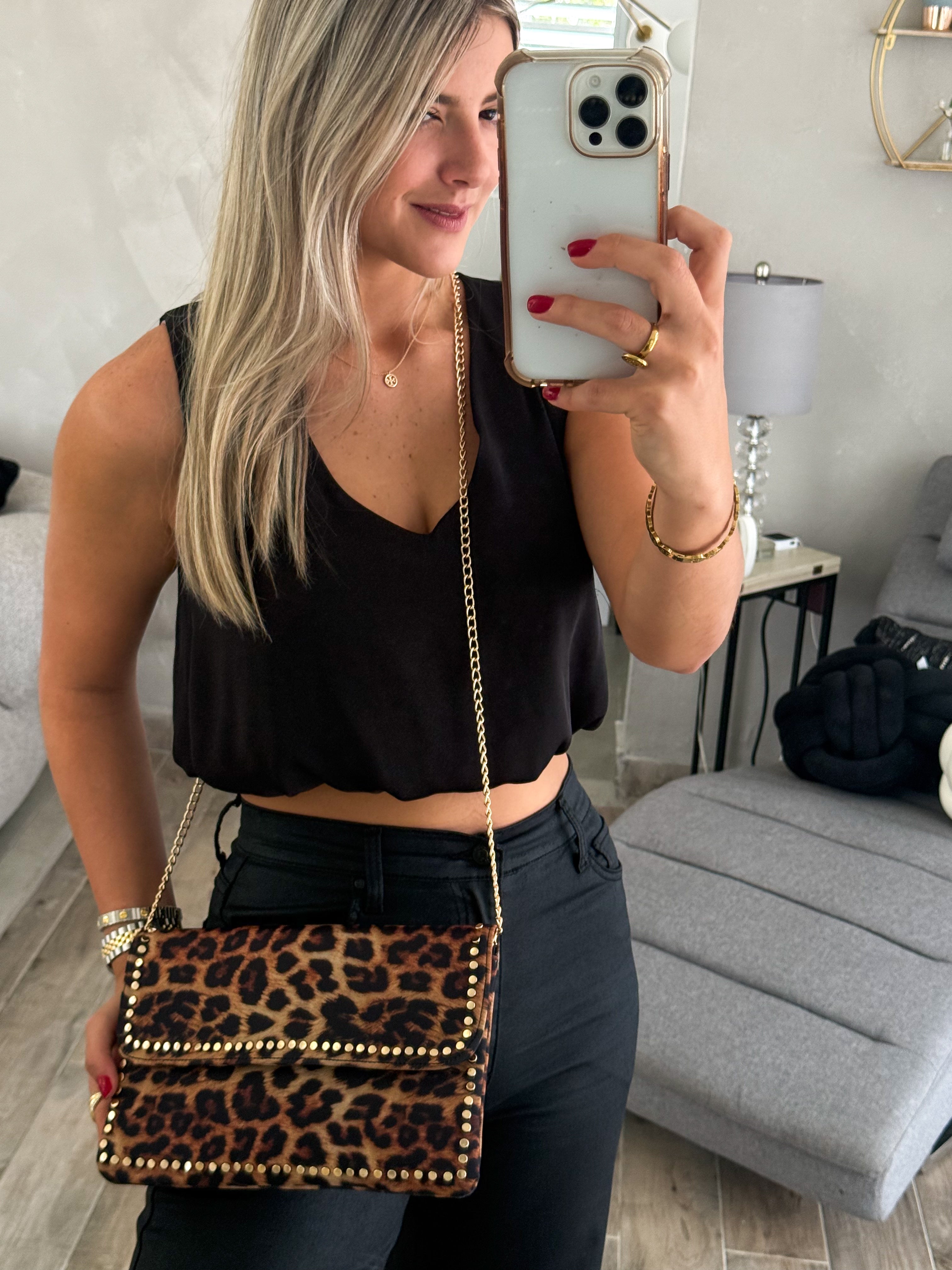 NYLON LEOPARD GOLD STUDDED CLUTCH/CROSSBODY BAG