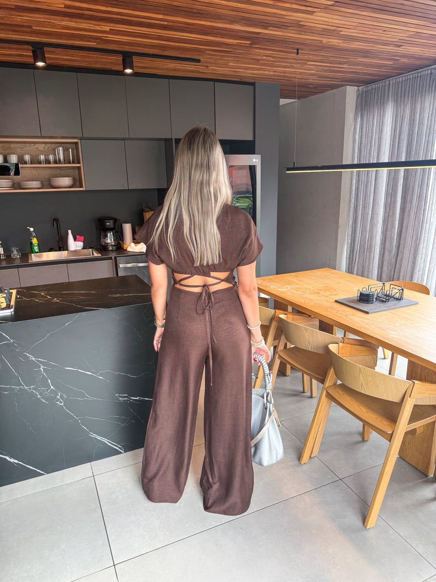 BROWN SHORT SLEEVE JUMPSUIT