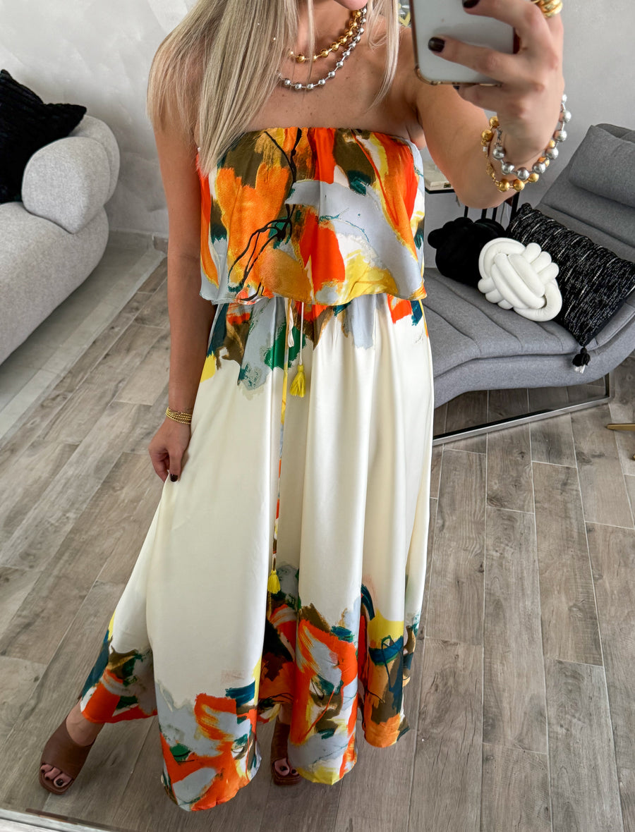 STRAPLESS CREAM/TANGERINE PRINTED MAXI DRESS