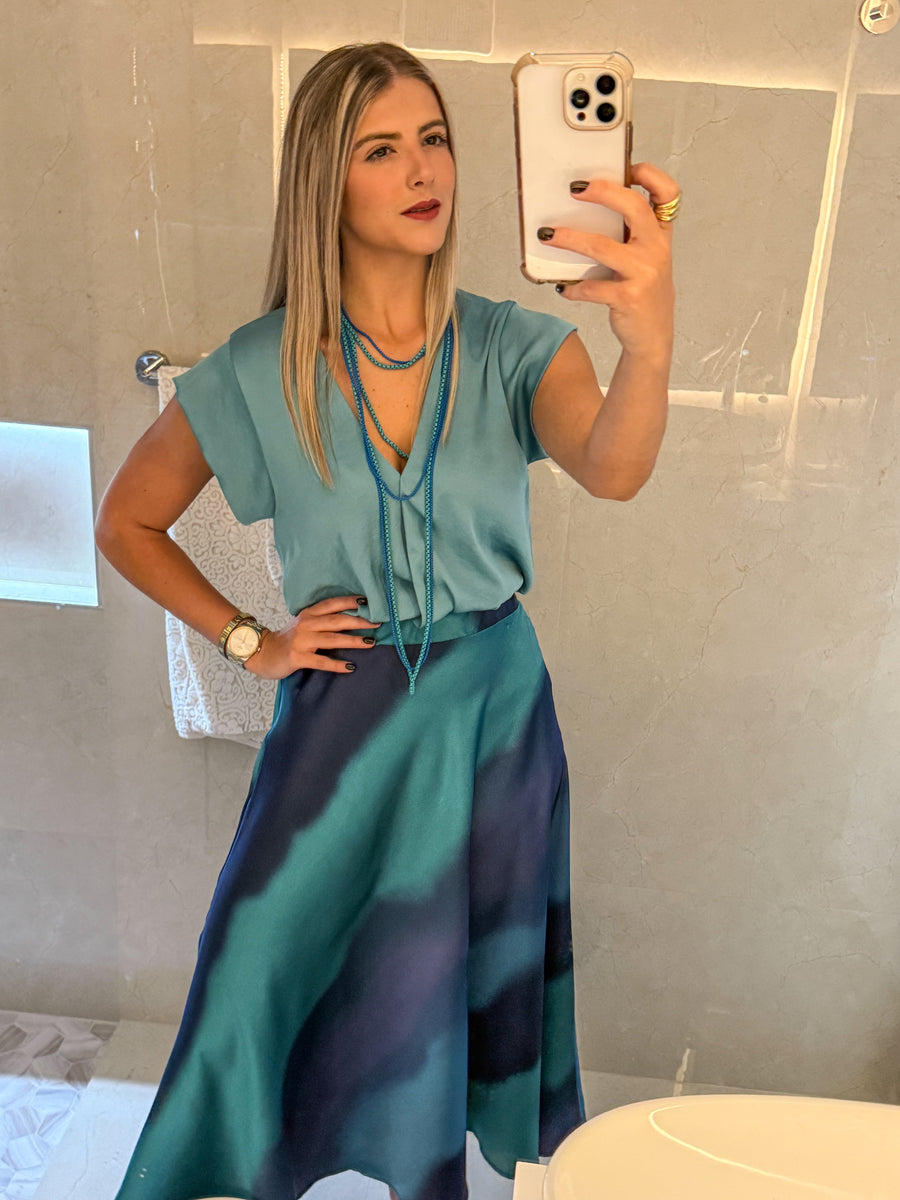 BLUE OMBRE SATIN MIDI SKIRT