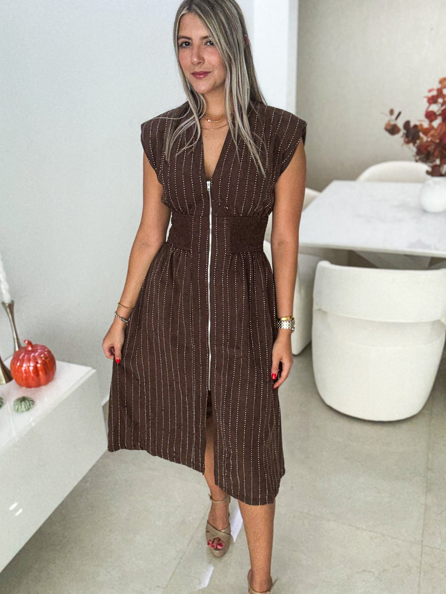 CHOCOLATE RHINESTONES ZIPPER MIDI DRESS