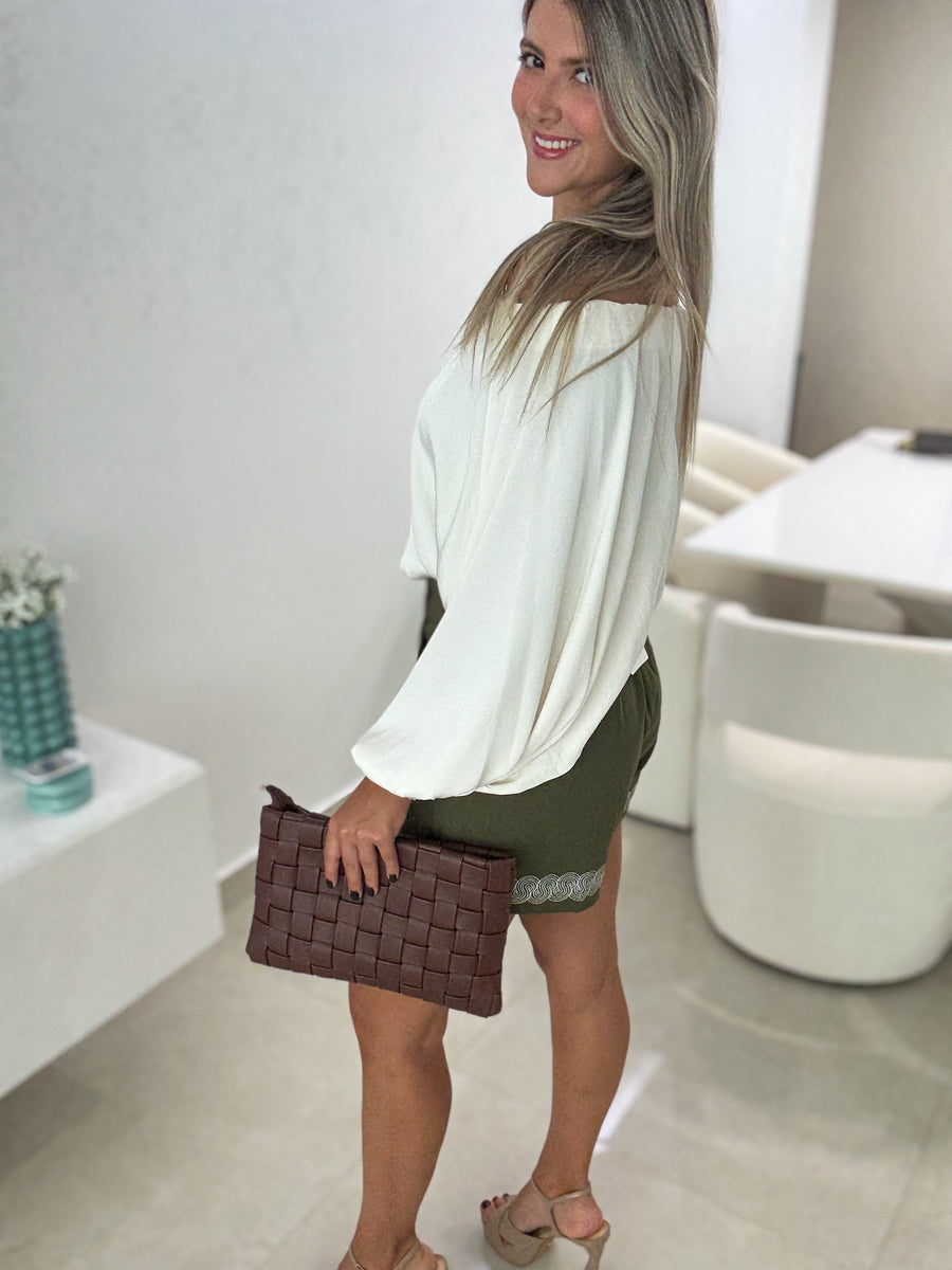 IVORY SATIN OFF SHOULDER BLOUSE