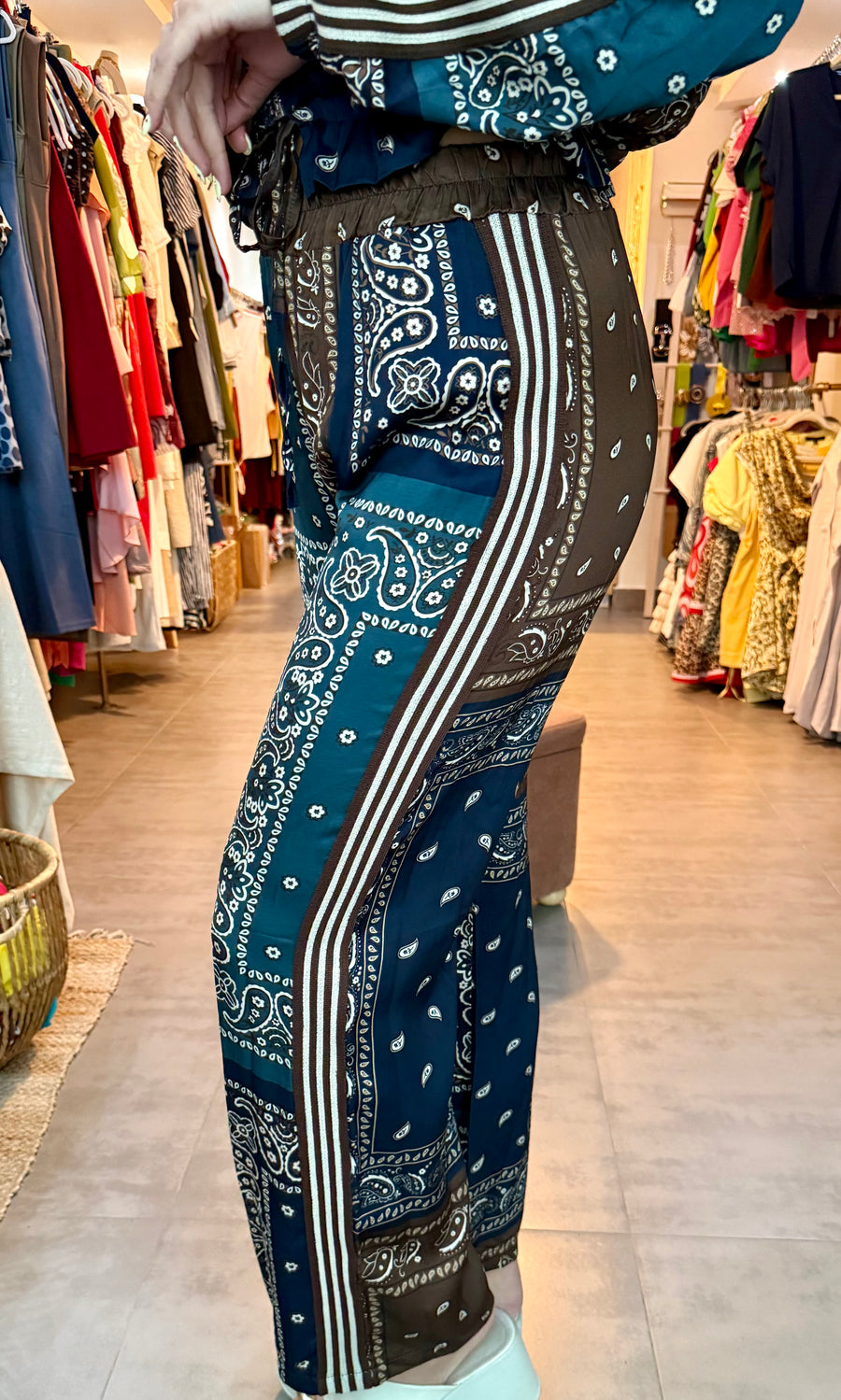 BLUE/BROWN BANDANA PRINT PANTS